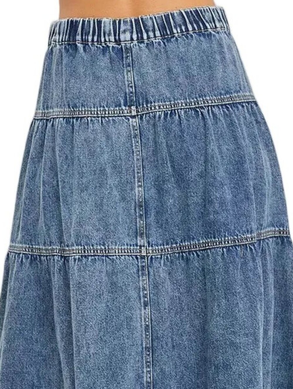 Risen High-Rise Button Elastic Waist Tiered Ruffle Cotton Denim Maxi Jean Skirt - Picture 10 of 14